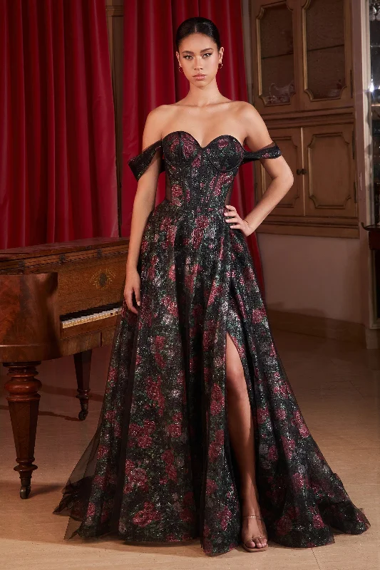 formal dresses with adjustable waist ties for comfort --Floral Print Off Shoulder Corset Slit Gown by Ladivine CD806 formal dresses with adjustable waist ties for comfort --Floral Print Off Shoulder Corset Slit Gown by Ladivine CD806