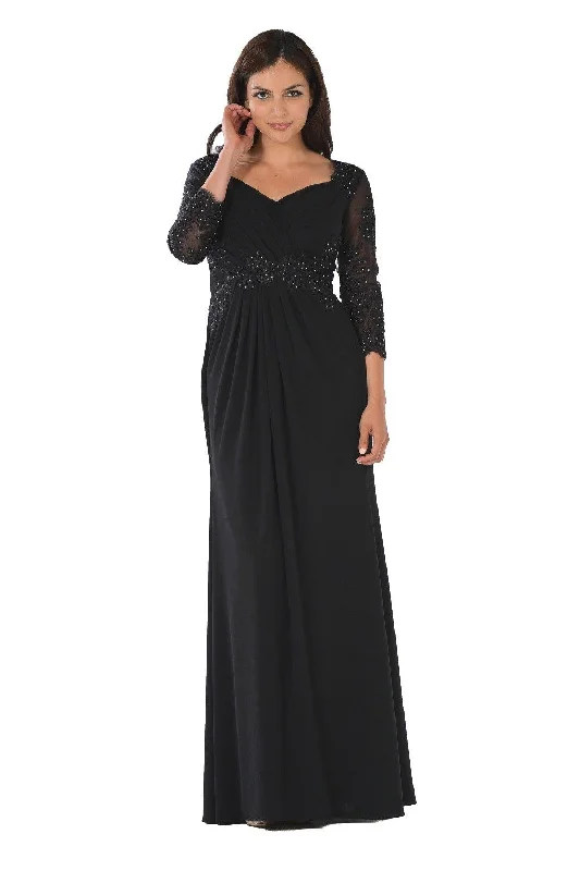 Short wedding guest dresses for a fun, playful look -Long Lace Applique Pleated Dress with Sleeves by Poly USA 7812 Short wedding guest dresses for a fun, playful look -Long Lace Applique Pleated Dress with Sleeves by Poly USA 7812