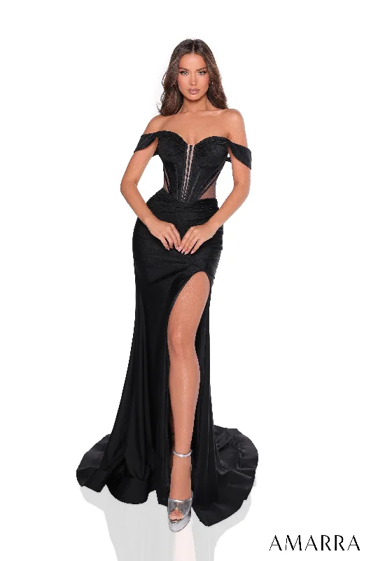 cocktail dresses with mesh sleeves for subtle coverage --Jersey Off Shoulder Corset Slit Gown by Amarra 88220 cocktail dresses with mesh sleeves for subtle coverage --Jersey Off Shoulder Corset Slit Gown by Amarra 88220