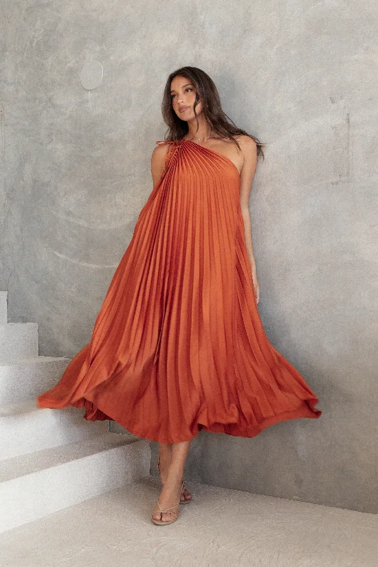 Wedding guest dresses with pleats for added movement -Selena One Shoulder Midi Dress - Russet Bronze Wedding guest dresses with pleats for added movement -Selena One Shoulder Midi Dress - Russet Bronze