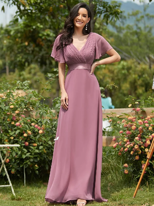 formal dresses with off-shoulder sleeves for summer events --Glamorous Double V-Neck Ruffles Padded Wholesale Chiffon Evening Dresses