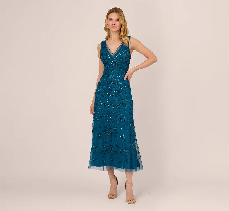 formal dresses for beach weddings with lightweight fabrics --Hand-Beaded Ankle-Length Dress In Teal Sapphire formal dresses for beach weddings with lightweight fabrics --Hand-Beaded Ankle-Length Dress In Teal Sapphire
