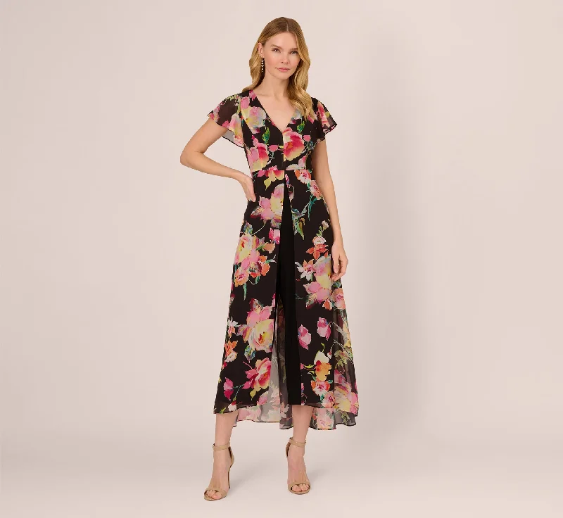 Spring dresses for mothers of the bride with elegant options -Floral Print Cropped Jumpsuit With Skirt Overlay In Black Multi Spring dresses for mothers of the bride with elegant options -Floral Print Cropped Jumpsuit With Skirt Overlay In Black Multi