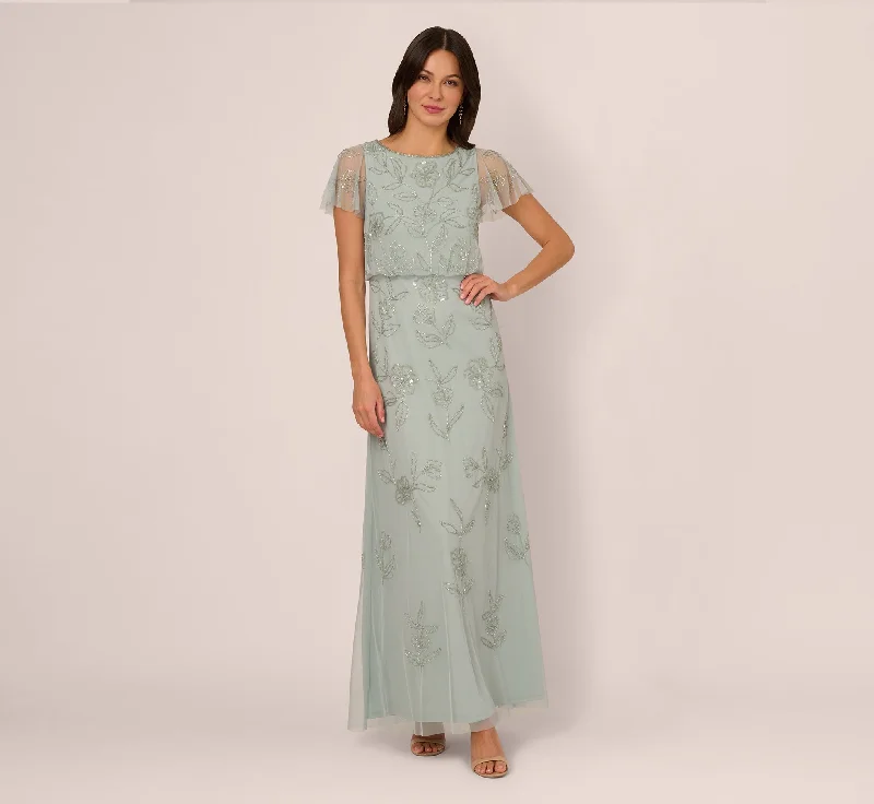 Wedding guest dresses that pair beautifully with a shawl -Flutter Sleeve Floral Beaded Blouson Gown In Aqua Dust Wedding guest dresses that pair beautifully with a shawl -Flutter Sleeve Floral Beaded Blouson Gown In Aqua Dust