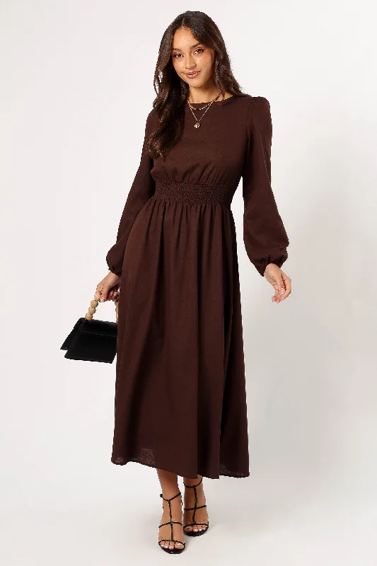 cocktail dresses with lace trims for delicate accents --Roman Long Sleeve Maxi Dress - Brown cocktail dresses with lace trims for delicate accents --Roman Long Sleeve Maxi Dress - Brown