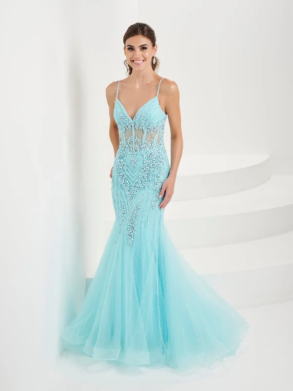 cocktail dresses with mesh necklines for modern appeal --Fitted Applique Sheer Corset Gown by Tiffany Designs 16095 cocktail dresses with mesh necklines for modern appeal --Fitted Applique Sheer Corset Gown by Tiffany Designs 16095