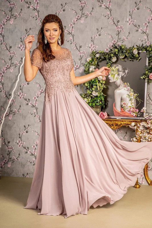Wedding guest dresses for casual weddings with a laid-back vibe -Beaded Chiffon Short Sleeve Gown by GLS Gloria GL3492 Wedding guest dresses for casual weddings with a laid-back vibe -Beaded Chiffon Short Sleeve Gown by GLS Gloria GL3492