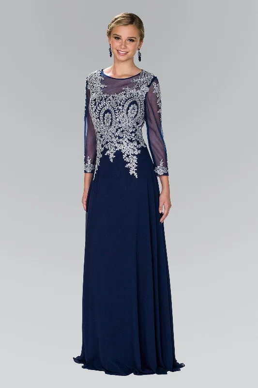 High-neck wedding guest dresses for conservative events -Long Applique Dress with Sleeves by Elizabeth K GL1368 High-neck wedding guest dresses for conservative events -Long Applique Dress with Sleeves by Elizabeth K GL1368