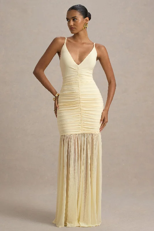 Pasqualina | Lemon Ruched Plunge-Neck Maxi Dress