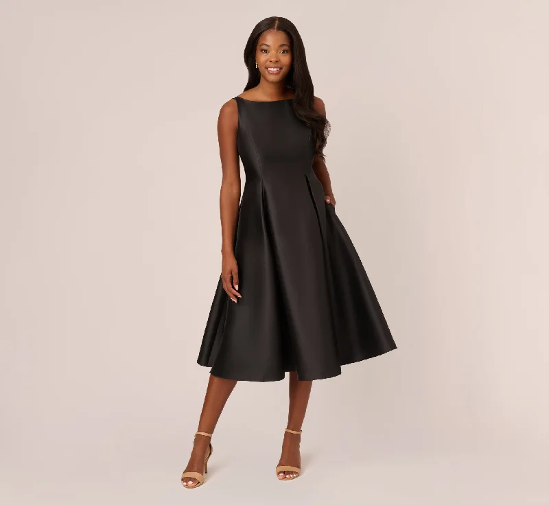 Boho wedding guest dresses for a laid-back vibe -Sleeveless Mikado Fit And Flare Midi Dress With V-Back In Black Boho wedding guest dresses for a laid-back vibe -Sleeveless Mikado Fit And Flare Midi Dress With V-Back In Black