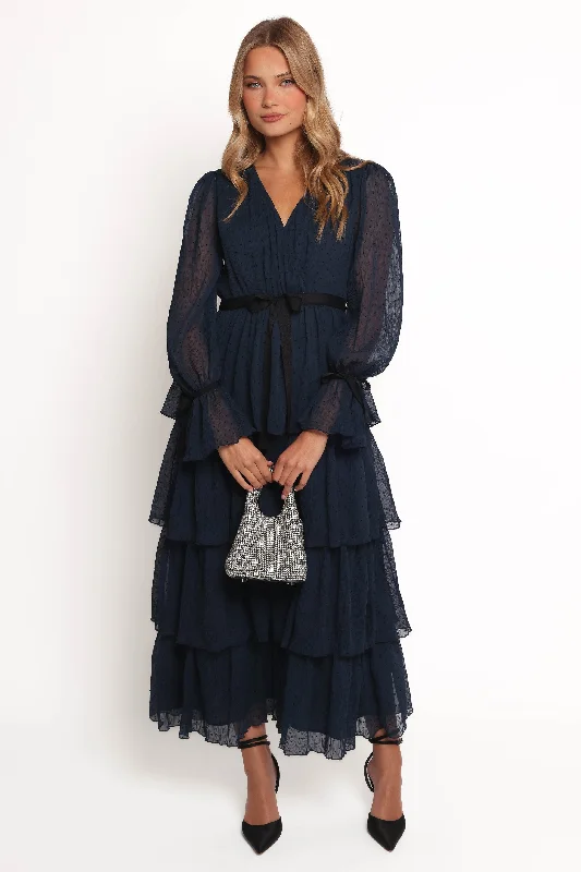 cocktail dresses with chiffon skirts for flowy movement --Antoinette Long Sleeve Tiered Maxi Dress - Navy cocktail dresses with chiffon skirts for flowy movement --Antoinette Long Sleeve Tiered Maxi Dress - Navy