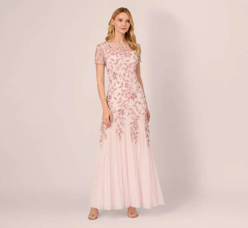 formal dresses with lace sleeves for classic elegance --Hand Beaded Short Sleeve Floral Godet Gown In Blush Pink