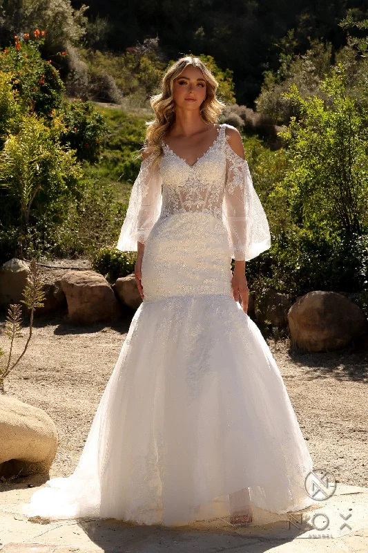 cocktail dresses with halter tops for chic style --Applique Bell Sleeve Bridal Mermaid Dress by Nox Anabel JE983L cocktail dresses with halter tops for chic style --Applique Bell Sleeve Bridal Mermaid Dress by Nox Anabel JE983L