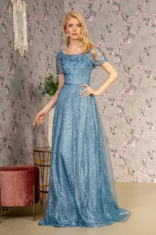 Wedding guest dresses for destination weddings by the sea -Glitter Print Short Sleeve A-line Gown by GLS Gloria GL3493 Wedding guest dresses for destination weddings by the sea -Glitter Print Short Sleeve A-line Gown by GLS Gloria GL3493