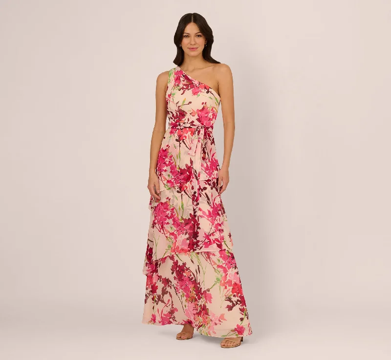 formal dresses with pleated skirts for graceful movement --One Shoulder Floral Chiffon Tiered Gown In Alabaster Multi formal dresses with pleated skirts for graceful movement --One Shoulder Floral Chiffon Tiered Gown In Alabaster Multi