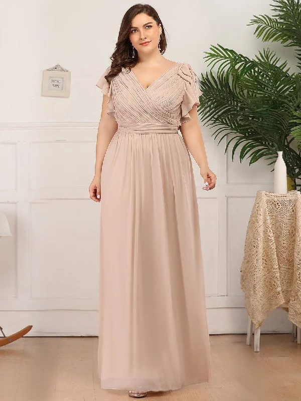 Sequin party dresses for a sparkling look -Maxi Long Chiffon Ruffles Sleeves Plus Size Wholesale Evening Dresses