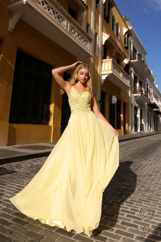 cocktail dresses with floral prints for daytime events --Lace Applique Sleeveless Chiffon Gown by Nox Anabel C1462