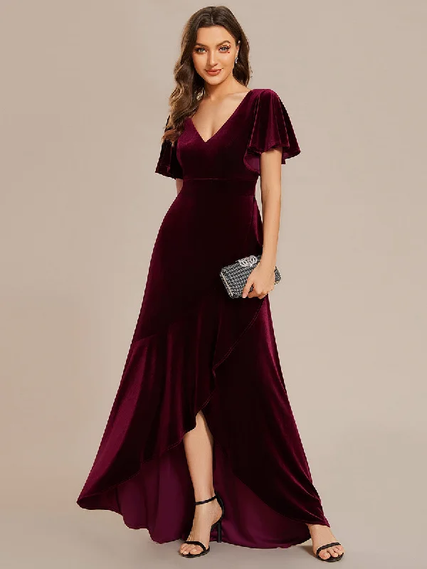 formal dresses with chiffon overlays for soft flow --Lotus Leaf Ruffles High-low V Neck Wholesale Evening Dress with Short Sleeves formal dresses with chiffon overlays for soft flow --Lotus Leaf Ruffles High-low V Neck Wholesale Evening Dress with Short Sleeves
