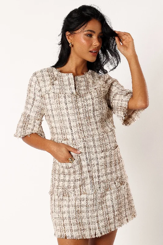 High-neck spring dresses for a refined style -Calloway Mini Dress - Cream Tweed