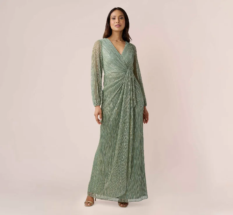 formal dresses in pastel colors for springtime events --Metallic Crinkled Mesh Draped Long Gown In Green Slate formal dresses in pastel colors for springtime events --Metallic Crinkled Mesh Draped Long Gown In Green Slate