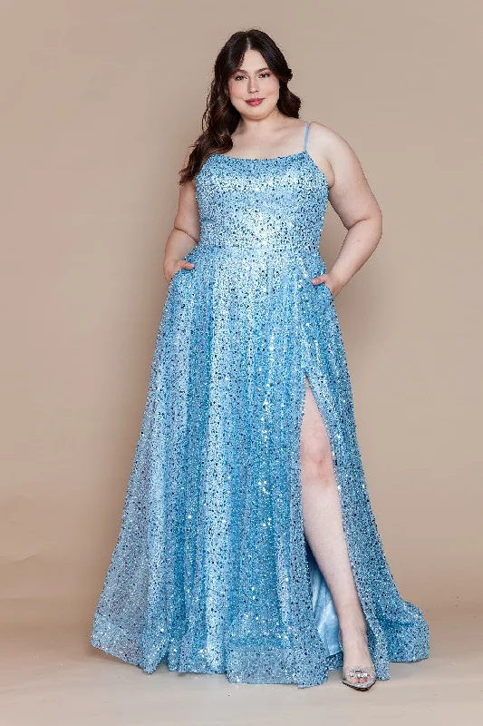 cocktail dresses with satin fabric for smooth texture --Plus Size Sequin Sleeveless A-line Slit Gown by Poly USA W1142