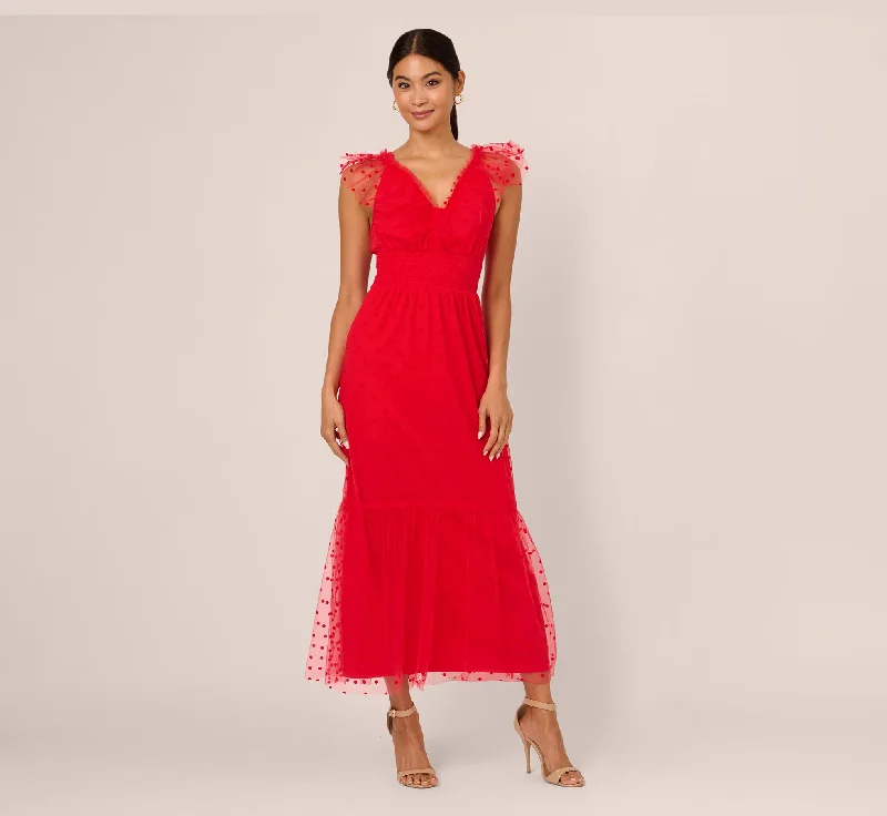 Spring dresses for a date night with a flirty style -Dot Tulle Ruffle Dress In Red