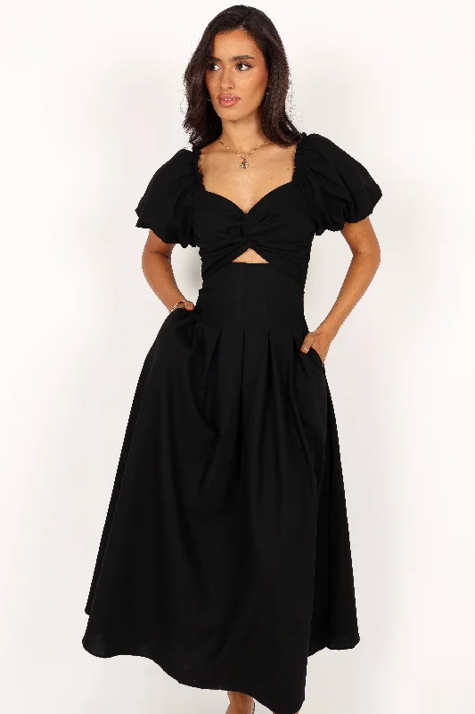Sequin dresses for holiday parties and events -Maria Puff Sleeve Midi Dress - Black Sequin dresses for holiday parties and events -Maria Puff Sleeve Midi Dress - Black