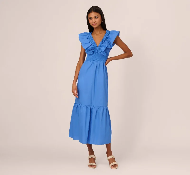 Spring dresses for weekend getaways with casual style -Ruffled Maxi Dress With Shirred Details In Cool Water Spring dresses for weekend getaways with casual style -Ruffled Maxi Dress With Shirred Details In Cool Water