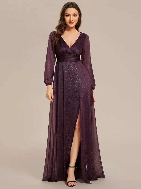 formal dresses for evening galas with sequin embellishments --Shiny Deep V Neck Wholesale Evening Gown With Short Sleeves