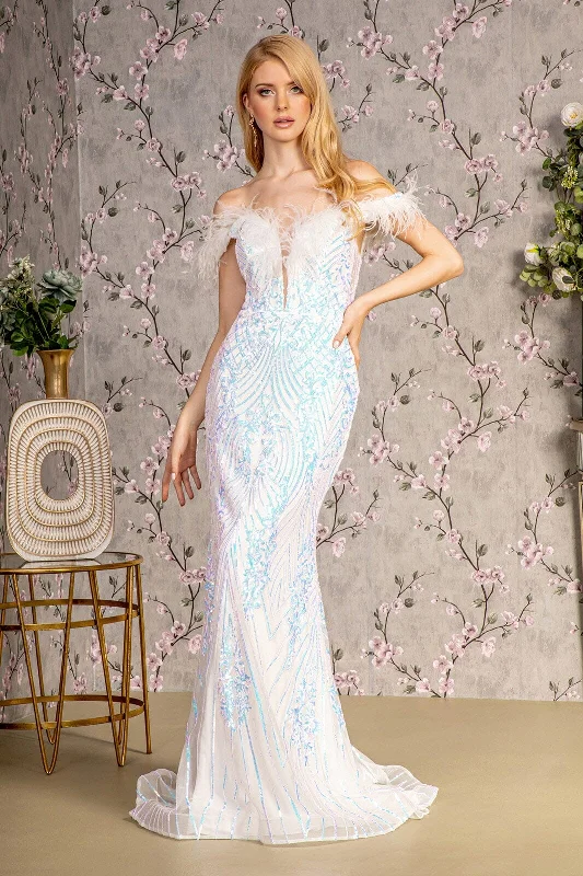 formal dresses for winter balls with faux fur accents --Fitted Sequin Off Shoulder Feather Gown by GLS Gloria GL3284 formal dresses for winter balls with faux fur accents --Fitted Sequin Off Shoulder Feather Gown by GLS Gloria GL3284