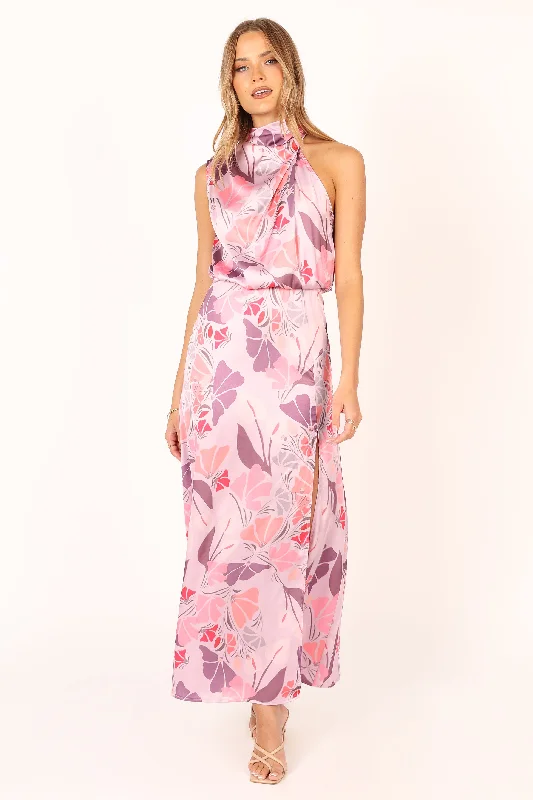 formal dresses for bridesmaids in matching pastel colors --Amelia Halterneck Maxi Dress - Pink Floral formal dresses for bridesmaids in matching pastel colors --Amelia Halterneck Maxi Dress - Pink Floral