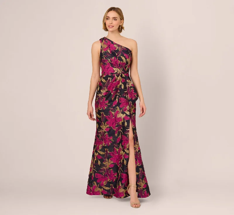 Wedding guest dresses with pleats for added movement -One Shoulder Jacquard Dress In Navy Pink Wedding guest dresses with pleats for added movement -One Shoulder Jacquard Dress In Navy Pink