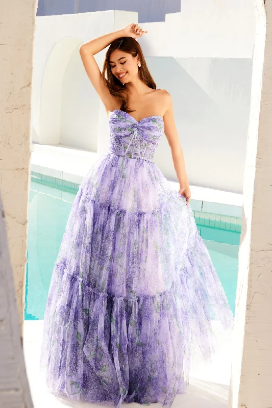 cocktail dresses with chiffon overlays for softness --Print Strapless A-line Gown by Juliet JT2507A