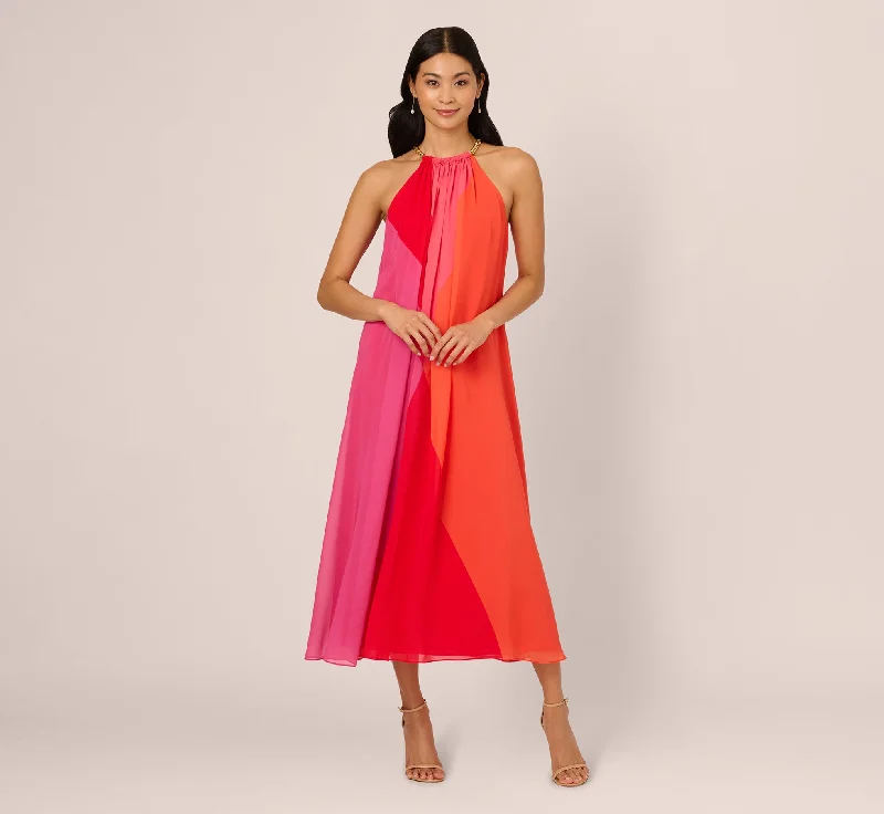 Stunning wedding guest dresses for festive wedding receptions -Color Block Chiffon Trapeze Dress With Chain Halter Neckline In Red Multi Stunning wedding guest dresses for festive wedding receptions -Color Block Chiffon Trapeze Dress With Chain Halter Neckline In Red Multi