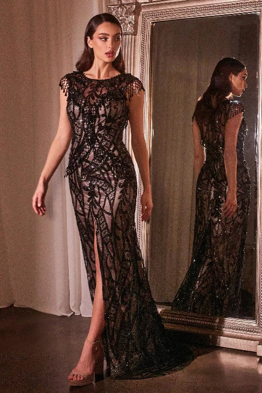 Short wedding guest dresses for a fun, playful look -Sequin Fringe Cap Sleeve Slit Gown by Ladivine CC4007 Short wedding guest dresses for a fun, playful look -Sequin Fringe Cap Sleeve Slit Gown by Ladivine CC4007