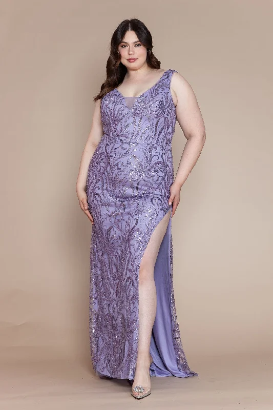 Best wedding guest dresses for vineyard-themed weddings -Plus Size Glitter Print Sleeveless Slit Gown by Poly USA W1140 Best wedding guest dresses for vineyard-themed weddings -Plus Size Glitter Print Sleeveless Slit Gown by Poly USA W1140