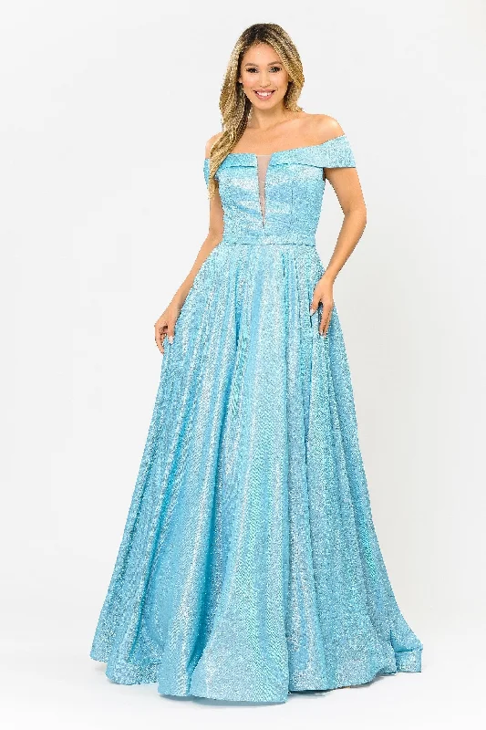 Wedding guest dresses with wrap-around designs for a timeless look -Iridescent Glitter Long Off the Shoulder Dress by Poly USA 8464 Wedding guest dresses with wrap-around designs for a timeless look -Iridescent Glitter Long Off the Shoulder Dress by Poly USA 8464