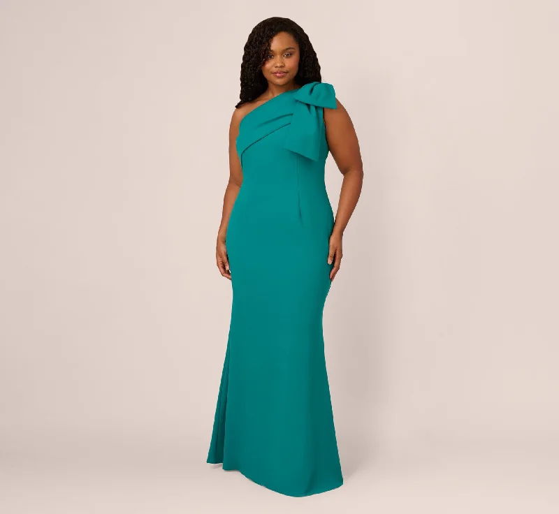 formal dresses for dance performances with stretch material --Plus Size Stretch Crepe One Shoulder Mermaid Gown With Bow Accent In Tempo Teal formal dresses for dance performances with stretch material --Plus Size Stretch Crepe One Shoulder Mermaid Gown With Bow Accent In Tempo Teal