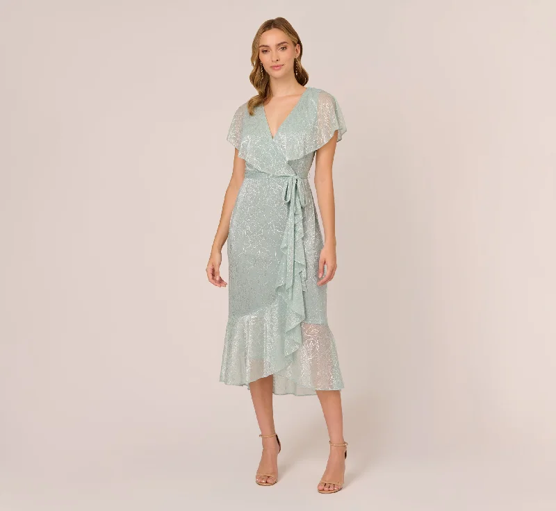 Spring dresses with sheer overlays for a delicate touch -Floral Metallic Stencil Midi-Length Mermaid Dress With Capelet In Sea Glass Spring dresses with sheer overlays for a delicate touch -Floral Metallic Stencil Midi-Length Mermaid Dress With Capelet In Sea Glass