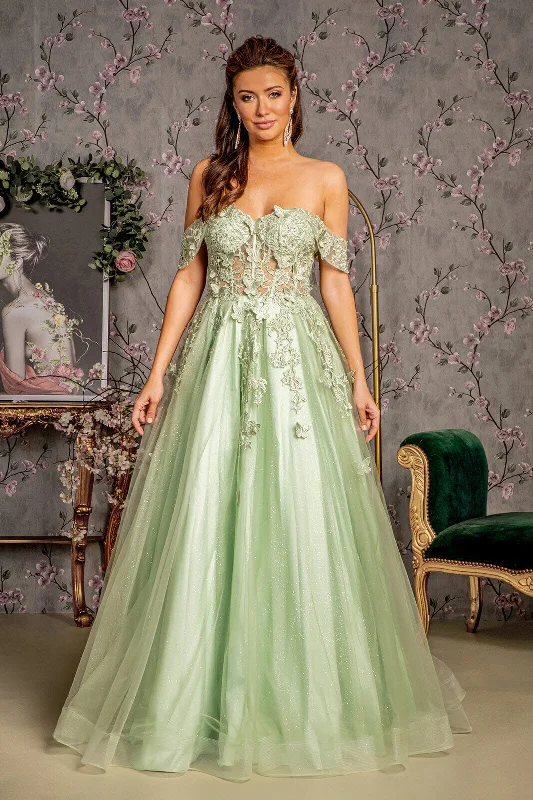 cocktail dresses with mesh sleeves for subtle coverage --3D Butterfly Off Shoulder Corset Gown by GLS Gloria GL3296 cocktail dresses with mesh sleeves for subtle coverage --3D Butterfly Off Shoulder Corset Gown by GLS Gloria GL3296