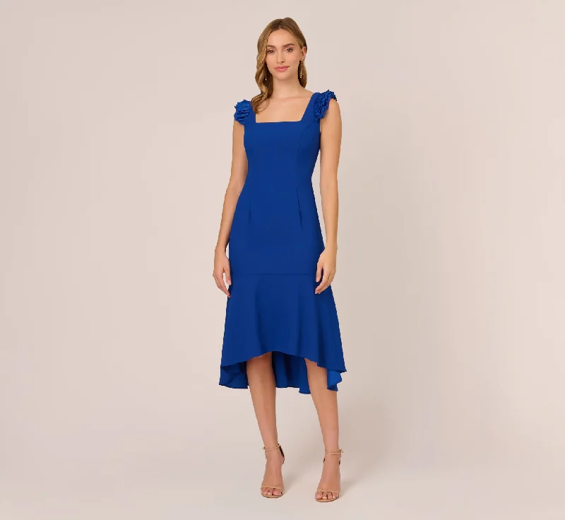 Wedding guest dresses for summer weddings -Ruffled Satin Crepe Midi-Length High/Low Cocktail Mermaid Dress In Violet Cobalt