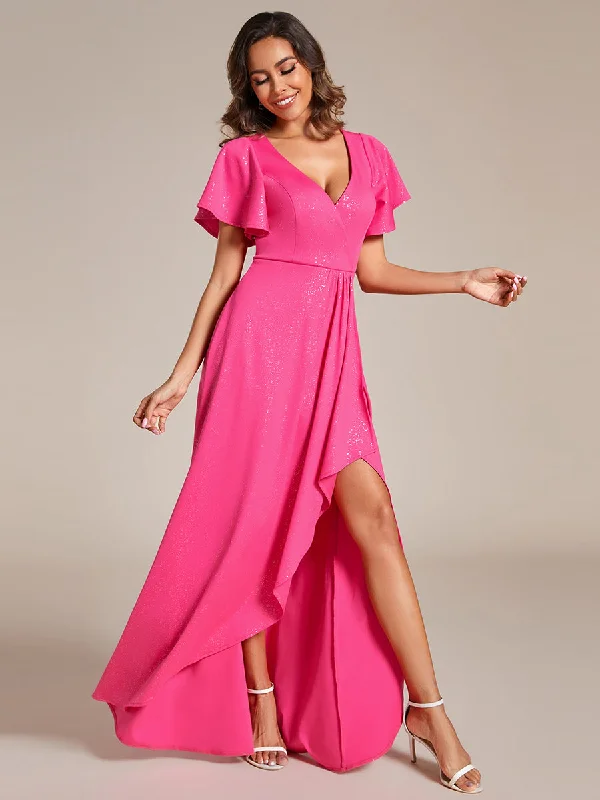 formal dresses with high necklines for modest fashion lovers --Shiny Tea Length Split Wholesale Evening Dresses With Ruffle Sleeves formal dresses with high necklines for modest fashion lovers --Shiny Tea Length Split Wholesale Evening Dresses With Ruffle Sleeves