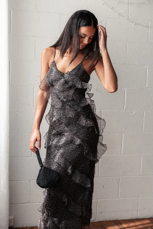 High-neck wedding guest dresses for conservative events -Ciao Ruffles Maxi Dress - Black Leopard High-neck wedding guest dresses for conservative events -Ciao Ruffles Maxi Dress - Black Leopard