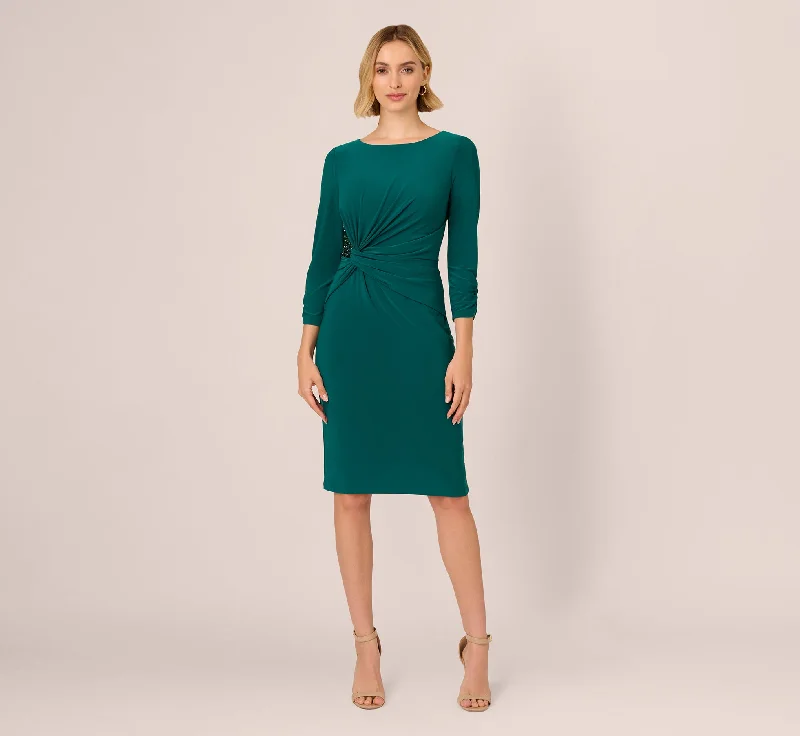 Spring dresses with a fitted waist for a flattering silhouette -Boat Neck Sheath Short Dress In Dark Ivy Spring dresses with a fitted waist for a flattering silhouette -Boat Neck Sheath Short Dress In Dark Ivy