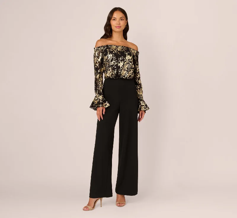Spring dresses for a wedding with modern designs -Lace And Crepe Jumpsuit In Black Gold Spring dresses for a wedding with modern designs -Lace And Crepe Jumpsuit In Black Gold