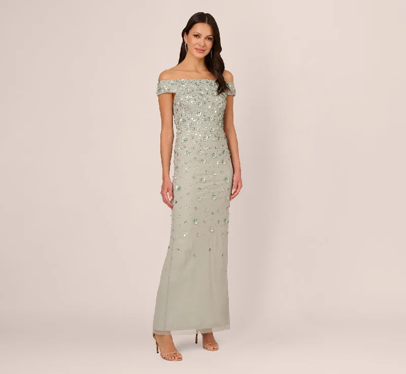 formal dresses with built-in shapewear for smooth figure --Off Shoulder Dress With Floral Embellishment In Frosted Sage formal dresses with built-in shapewear for smooth figure --Off Shoulder Dress With Floral Embellishment In Frosted Sage