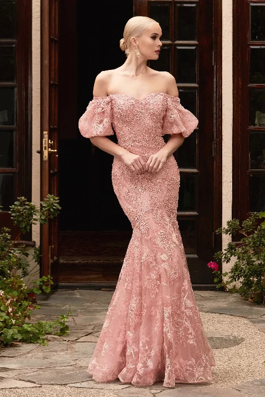 cocktail dresses with mesh necklines for modern appeal --Lace Off Shoulder Mermaid Gown by Cinderella Divine CD959 cocktail dresses with mesh necklines for modern appeal --Lace Off Shoulder Mermaid Gown by Cinderella Divine CD959