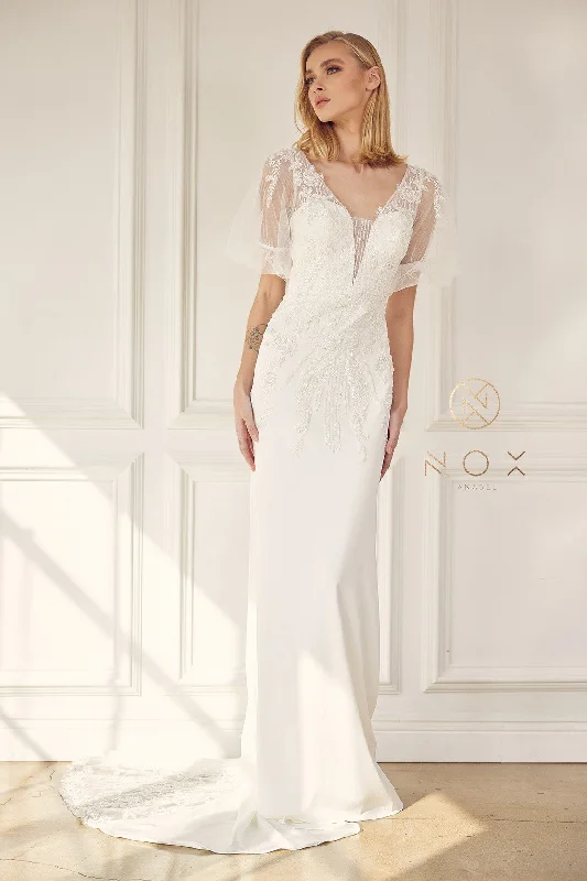 Best wedding guest dresses for winter holiday weddings -Applique Short Sleeve Wedding Gown by Nox Anabel JE927 Best wedding guest dresses for winter holiday weddings -Applique Short Sleeve Wedding Gown by Nox Anabel JE927