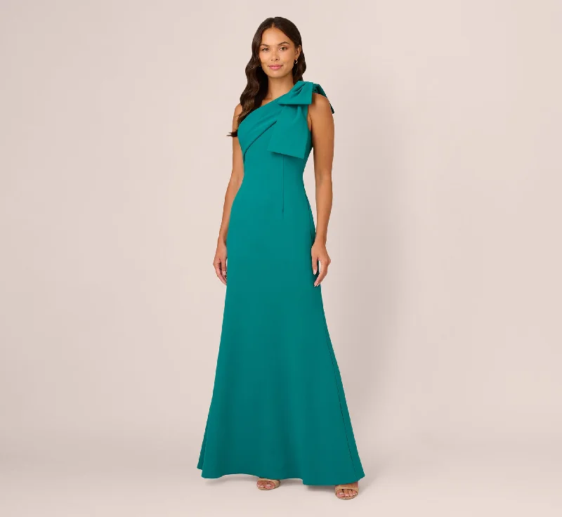 formal dresses for cruise vacations in wrinkle-resistant fabric --Stretch Crepe One Shoulder Mermaid Gown With Bow Accent In Tempo Teal formal dresses for cruise vacations in wrinkle-resistant fabric --Stretch Crepe One Shoulder Mermaid Gown With Bow Accent In Tempo Teal