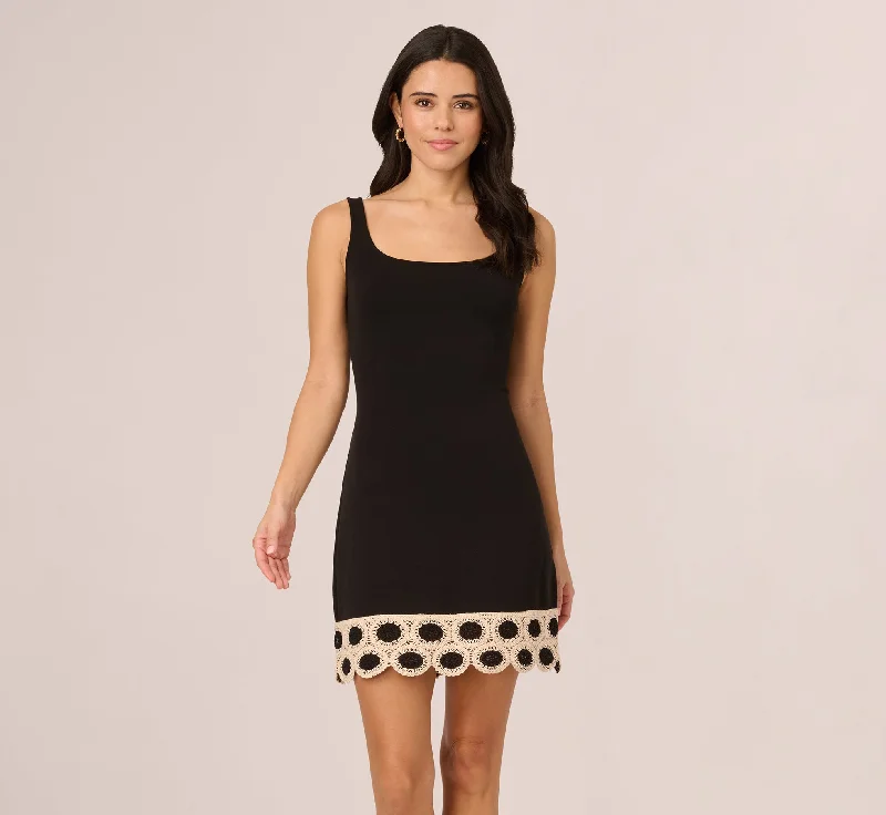 Bridal spring dresses with elegant details for a classic look -Sleeveless Crochet Hem Mini Dress In Black Ecru Bridal spring dresses with elegant details for a classic look -Sleeveless Crochet Hem Mini Dress In Black Ecru